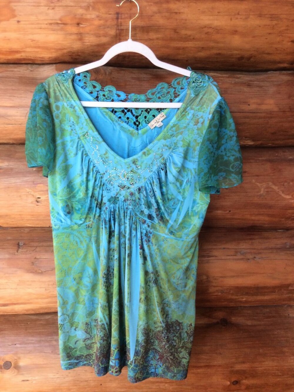 Live & Let Live Blue Green Fairycore Garden Y2K Babydoll Liquid Boho Top Size 1X